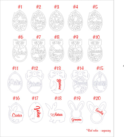 5 Personalized Easter eggs, boy girl basket tag, wooden laser cut spring ornament, flower buterffly shape, Easter present