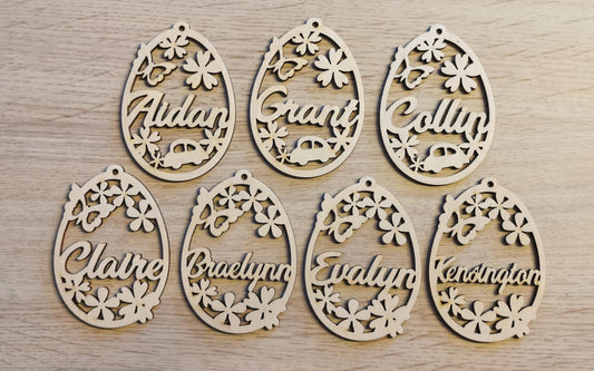 Personalized Wooden Easter Egg Ornament: Laser Cut Flower Decor