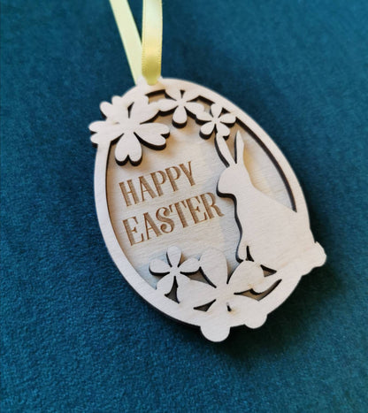 Laser Cut Birch Easter Egg Ornament: Bunny & Flowers