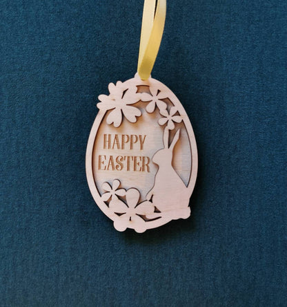 Laser Cut Birch Easter Egg Ornament: Bunny & Flowers