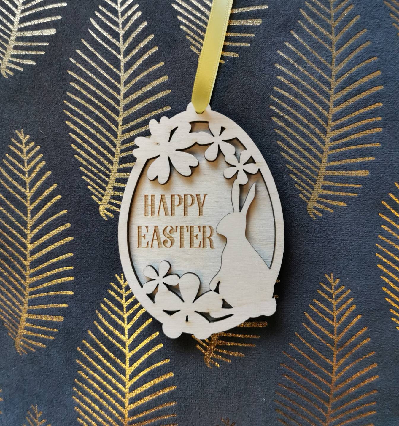 Laser Cut Birch Easter Egg Ornament: Bunny & Flowers