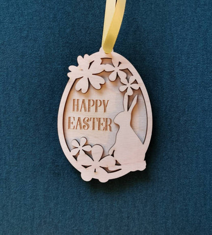 Laser Cut Birch Easter Egg Ornament: Bunny & Flowers