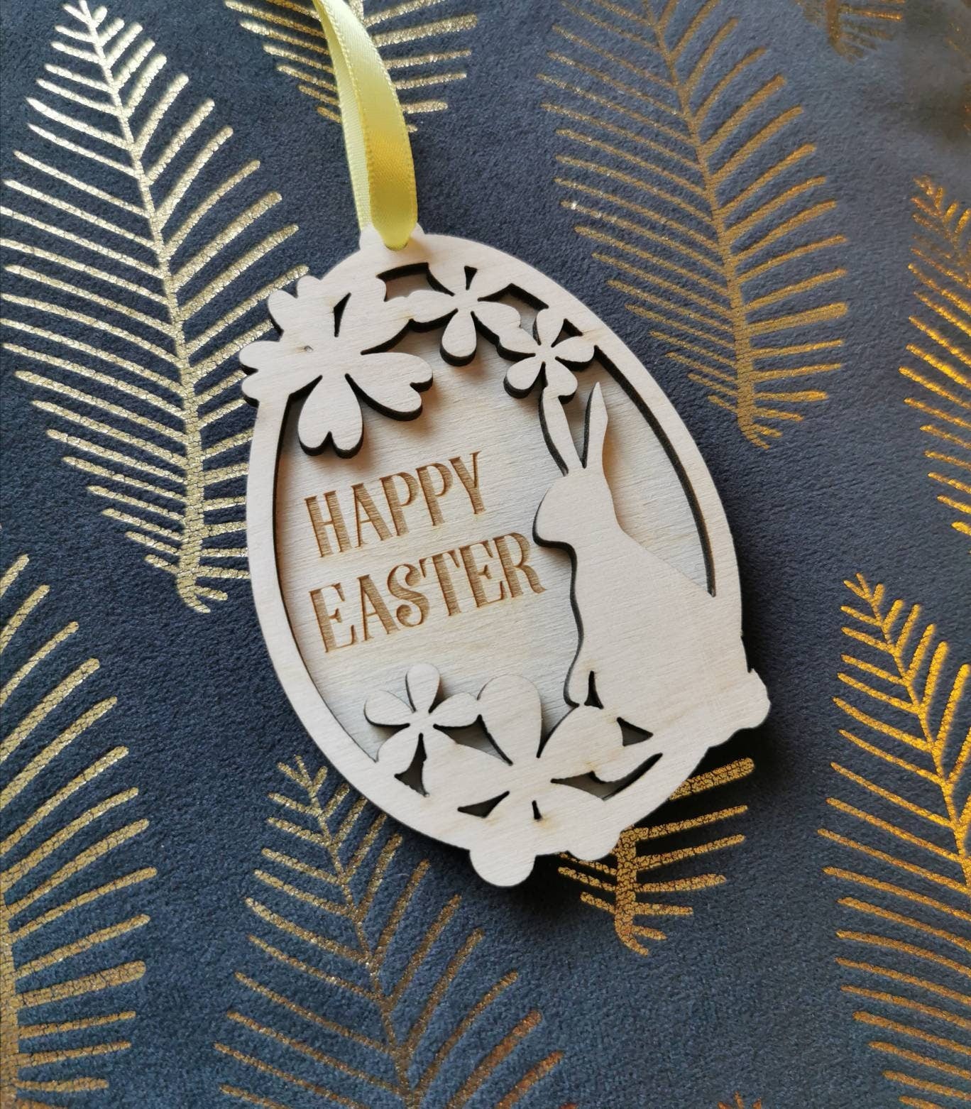 Laser Cut Birch Easter Egg Ornament: Bunny & Flowers