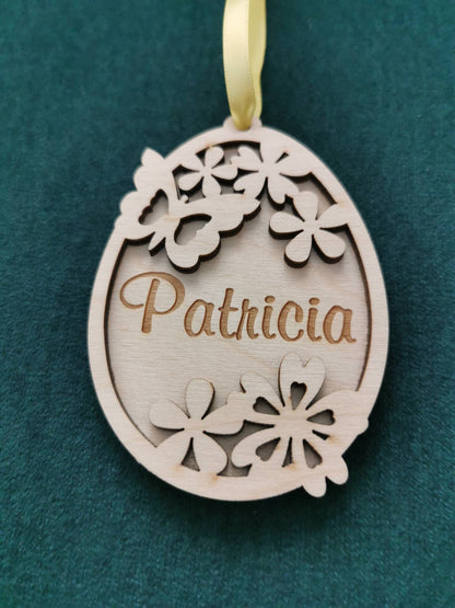 Personalized Easter Egg Ornament: Laser Cut Birch Plywood Basket Tag