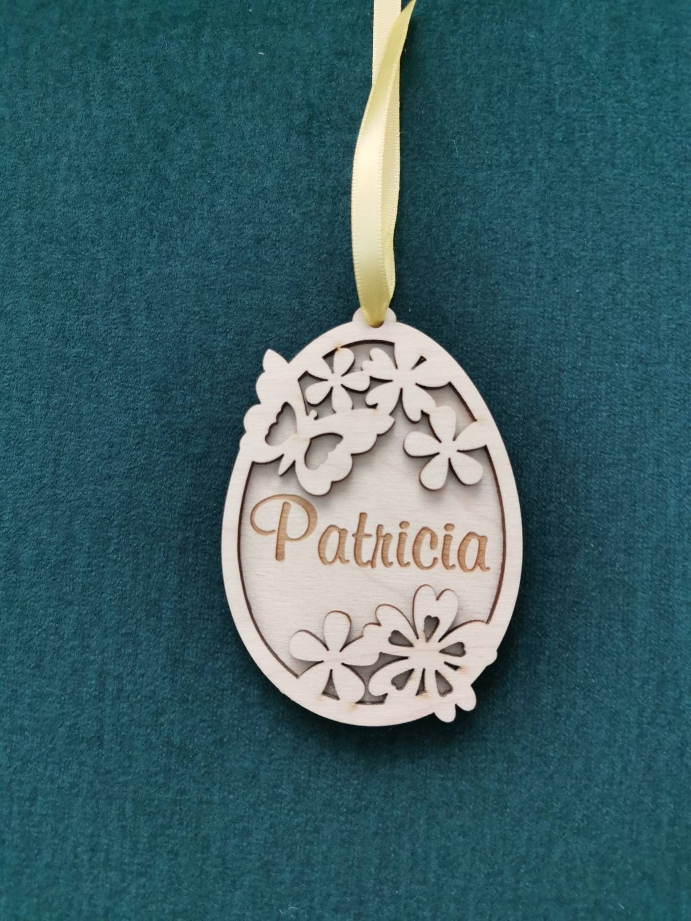 Personalized Easter Egg Ornament: Laser Cut Birch Plywood Basket Tag