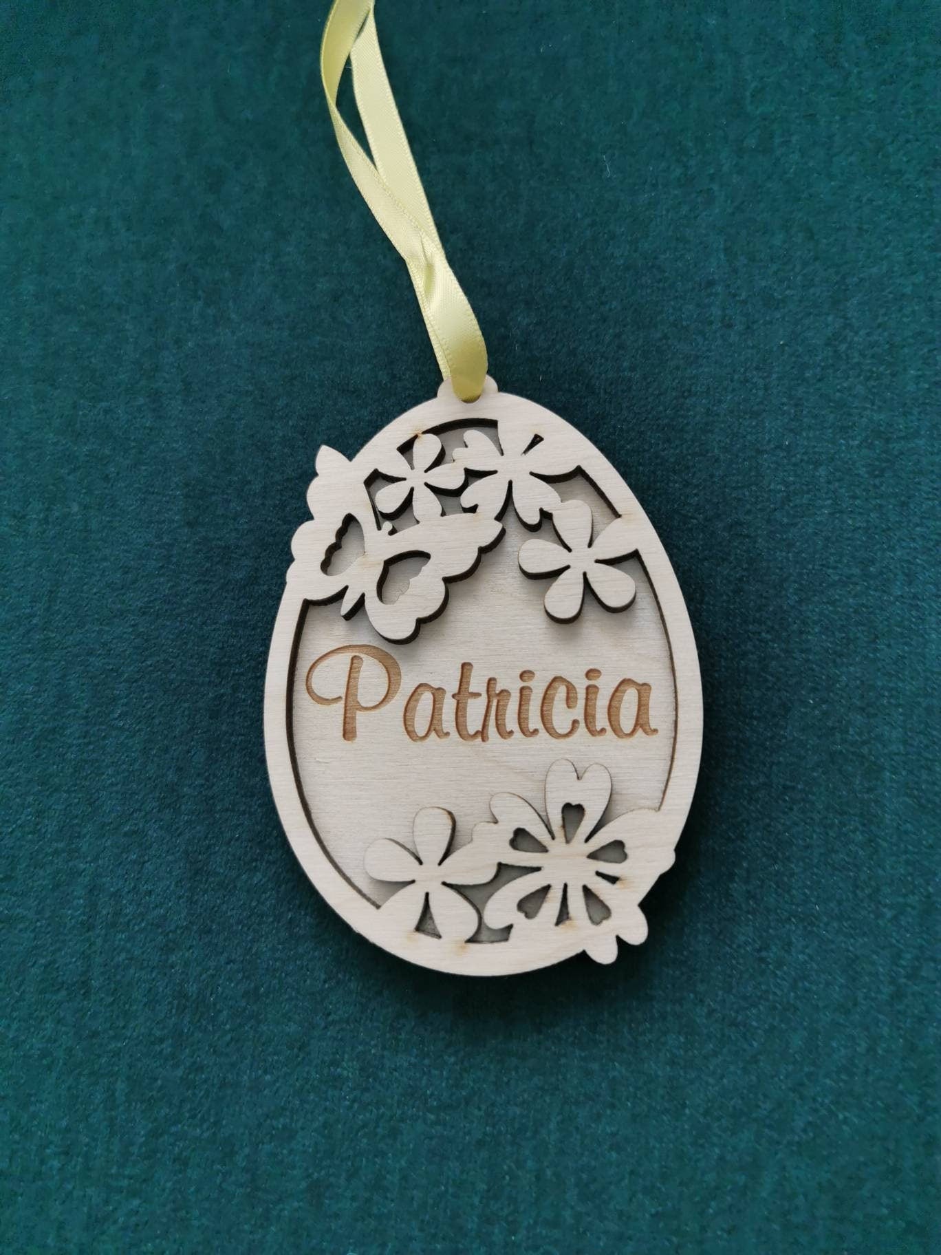 Personalized Easter Egg Ornament: Laser Cut Birch Plywood Basket Tag