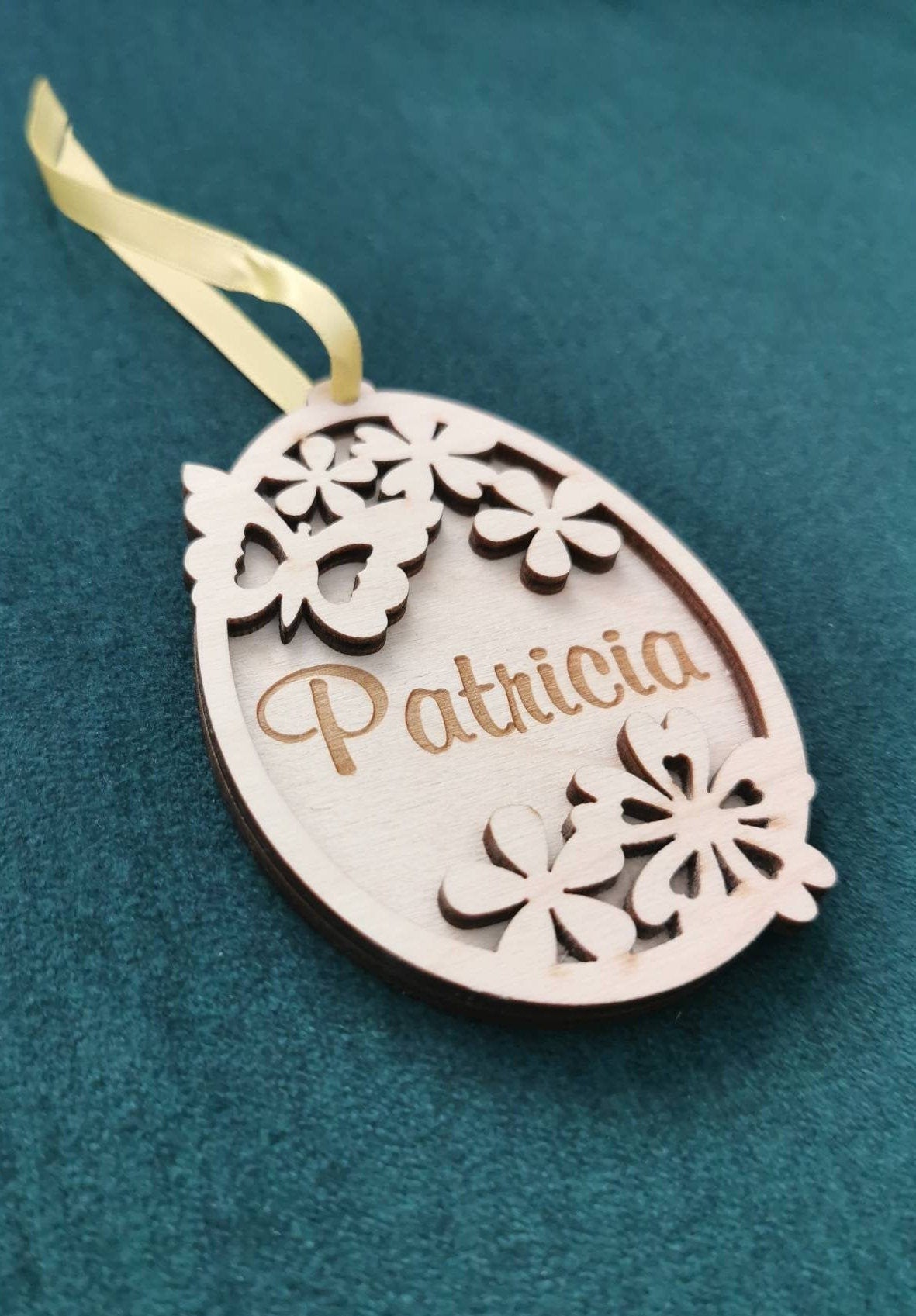 Personalized Easter Egg Ornament: Laser Cut Birch Plywood Basket Tag