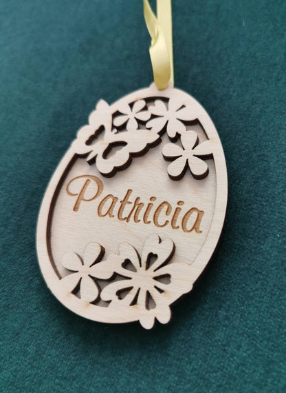 Personalized Easter Egg Ornament: Laser Cut Birch Plywood Basket Tag