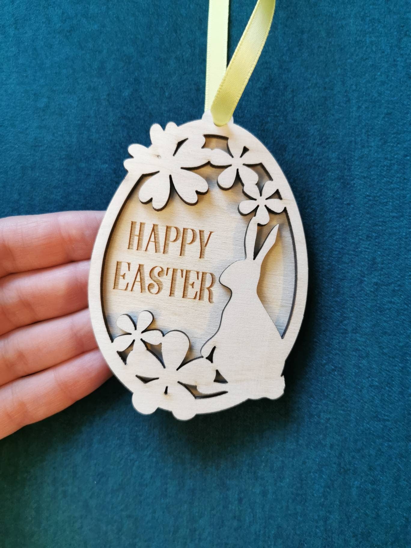 Laser Cut Birch Easter Egg Ornament: Bunny & Flowers