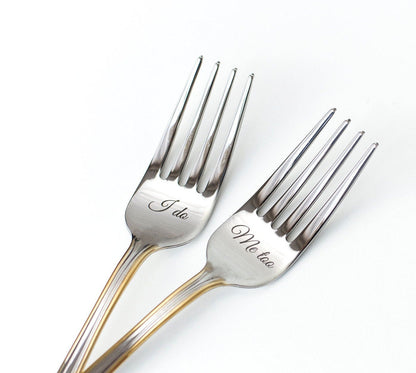 Personalized Wedding Forks: Engraved Gold Trim Silverware, Mr & Mrs Dining Set