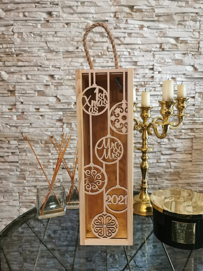 Wooden Decorative Wine Holder Christmas Box for Wine Accessory Sets Winter Wedding Anniversary Birthday 1st Xmas as Mr and Mrs Gift, Lantern