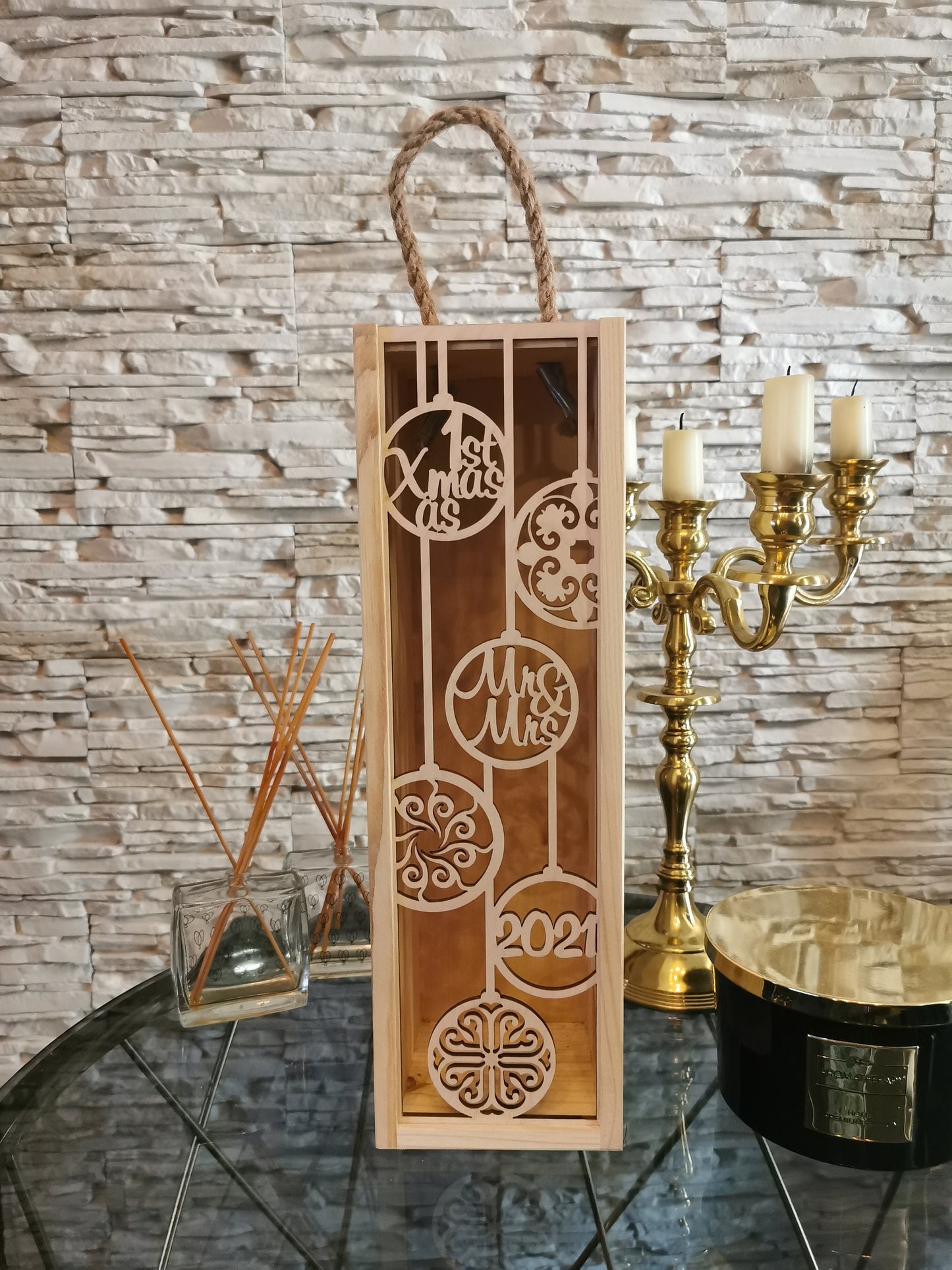 Wooden Decorative Wine Holder Christmas Box for Wine Accessory Sets Winter Wedding Anniversary Birthday 1st Xmas as Mr and Mrs Gift, Lantern