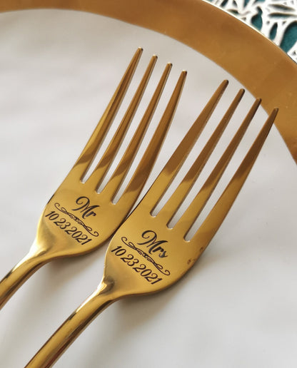Engraved Gold Wedding Forks: Personalized Mr & Mrs Keepsake