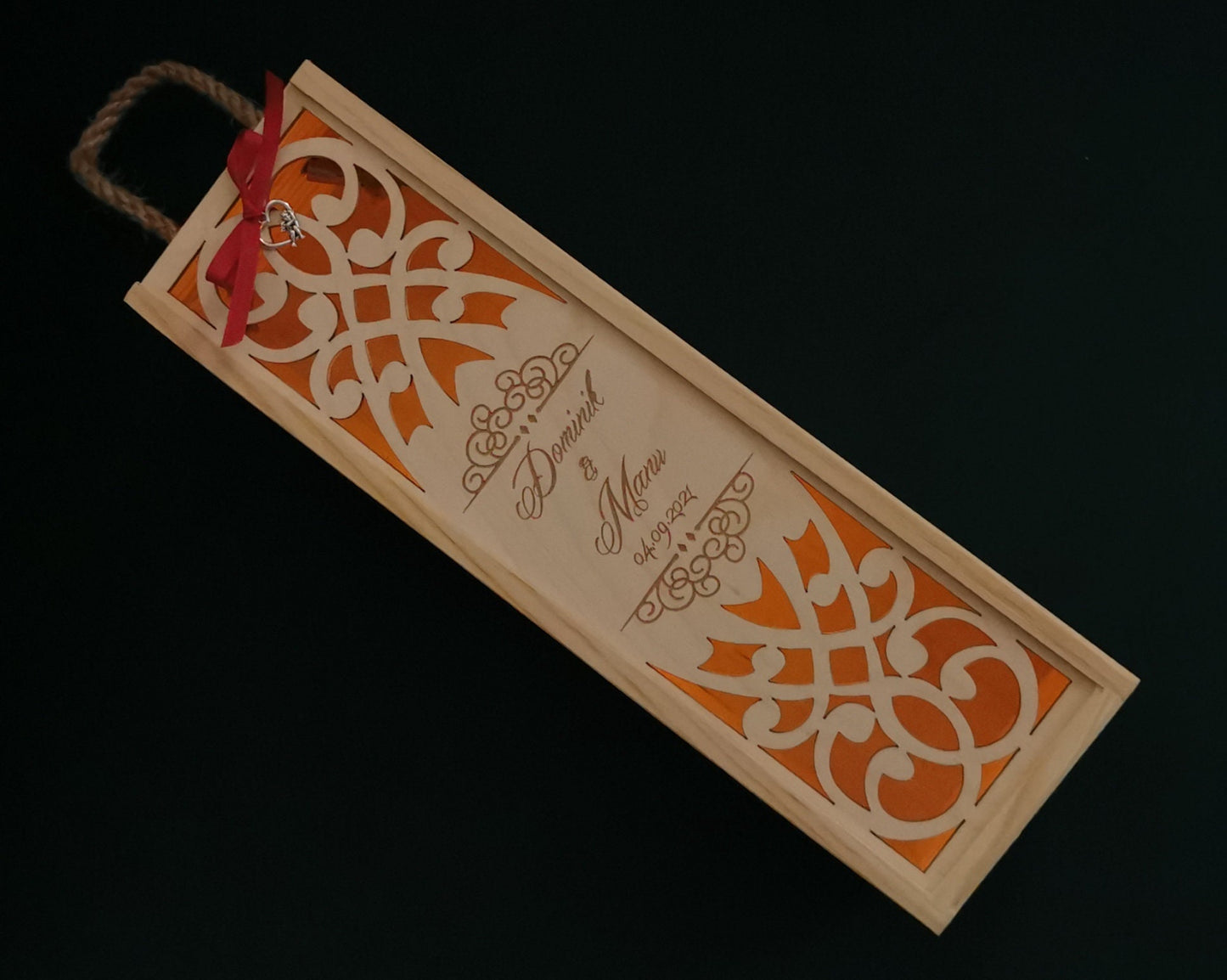 Personalized wedding wine box lantern, Laser cut wooden wine holder with engraved custom names, save the date, anniversary gift for couple