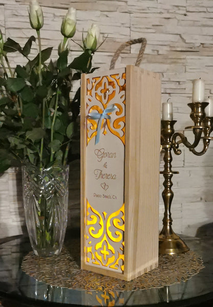 Personalized Laser Cut Wine Box: Wedding Anniversary Keepsake Lantern