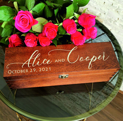 Wooden engraved wine box ceremony, Personalized wedding gift for Mr Mrs, Laser cut anniversary engagement housewarming Christmas wine bag