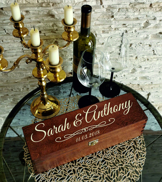 Wooden laser cut wine box Personalized Christmas wine gift for couple Custom Mr Mrs keepsake Anniversary birthday present for wine lovers