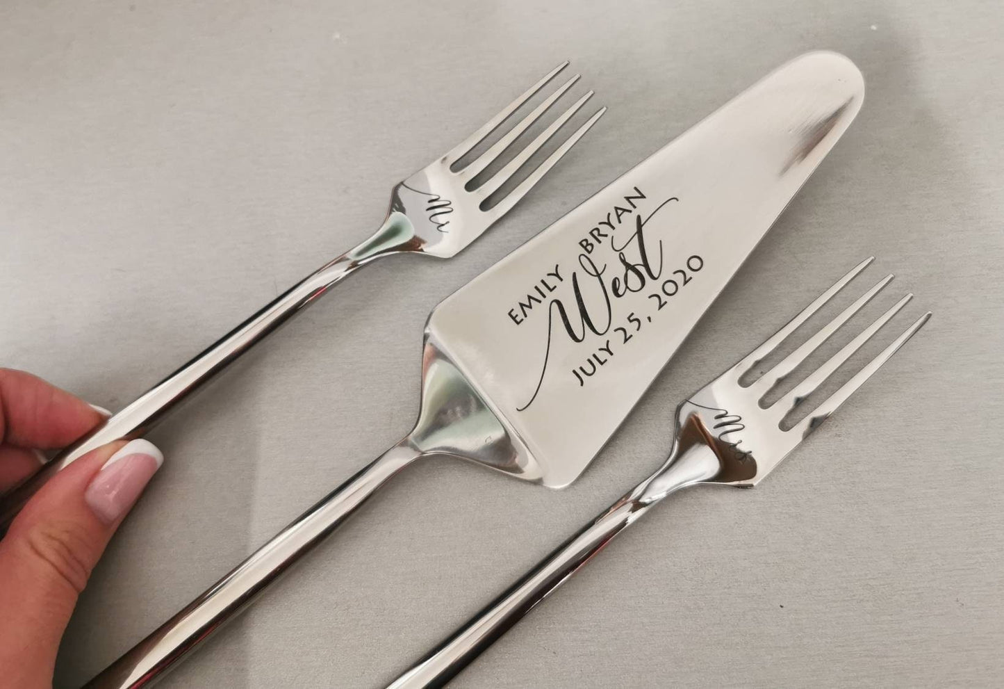 Personalized Wedding Cake Knife and Forks Set: Engraved Bridal Shower Gift