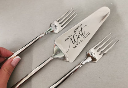 Personalized Wedding Cake Knife and Forks Set: Engraved Bridal Shower Gift