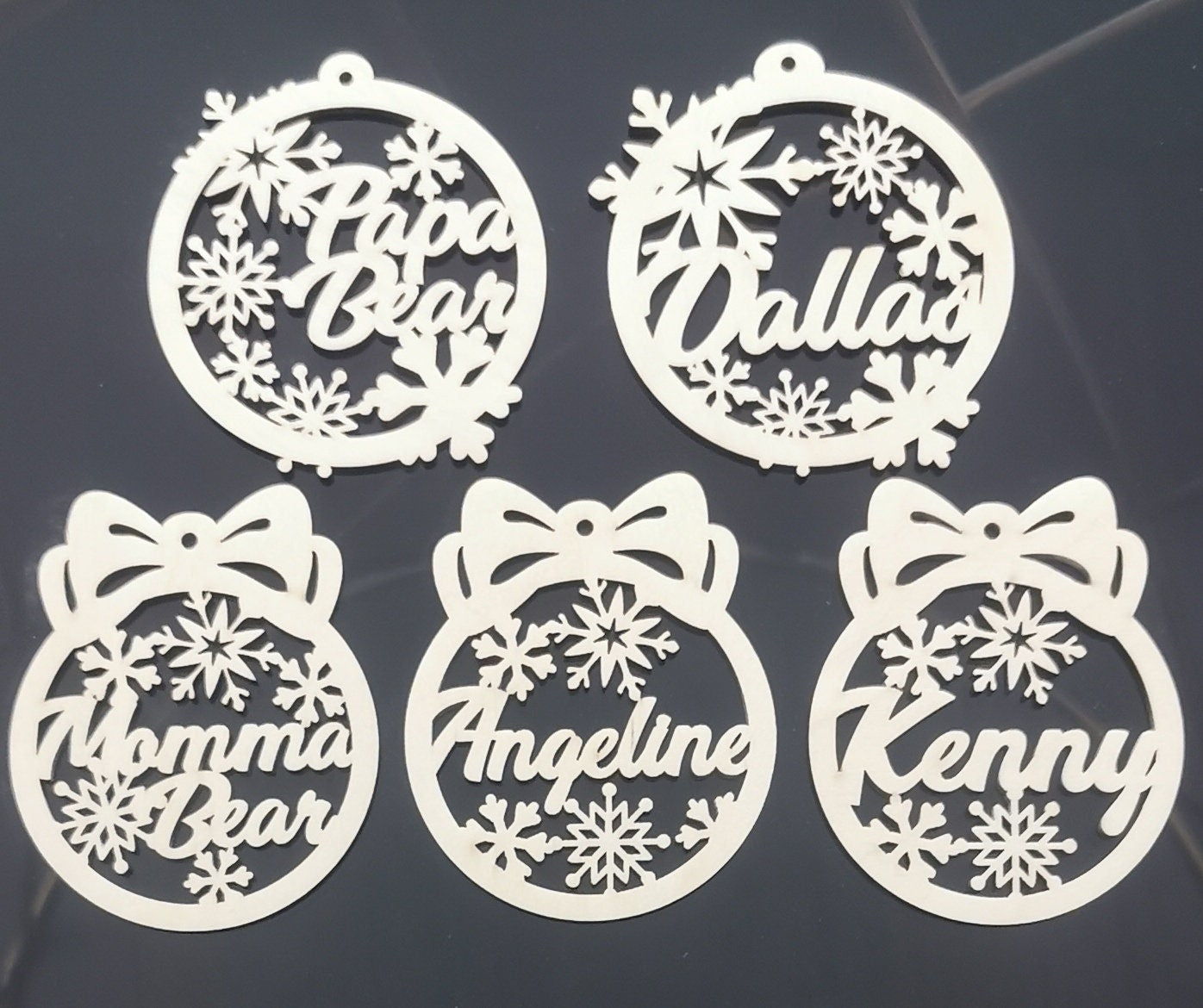 Personalized Wooden Snowflake Ornament Set: Laser Cut Christmas Baubles