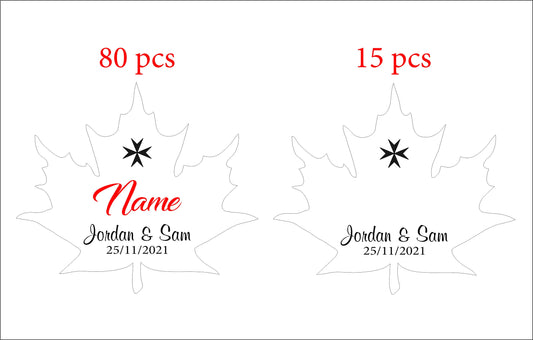 95 place cards with shipping to UK (80 with guests names, 15 without).