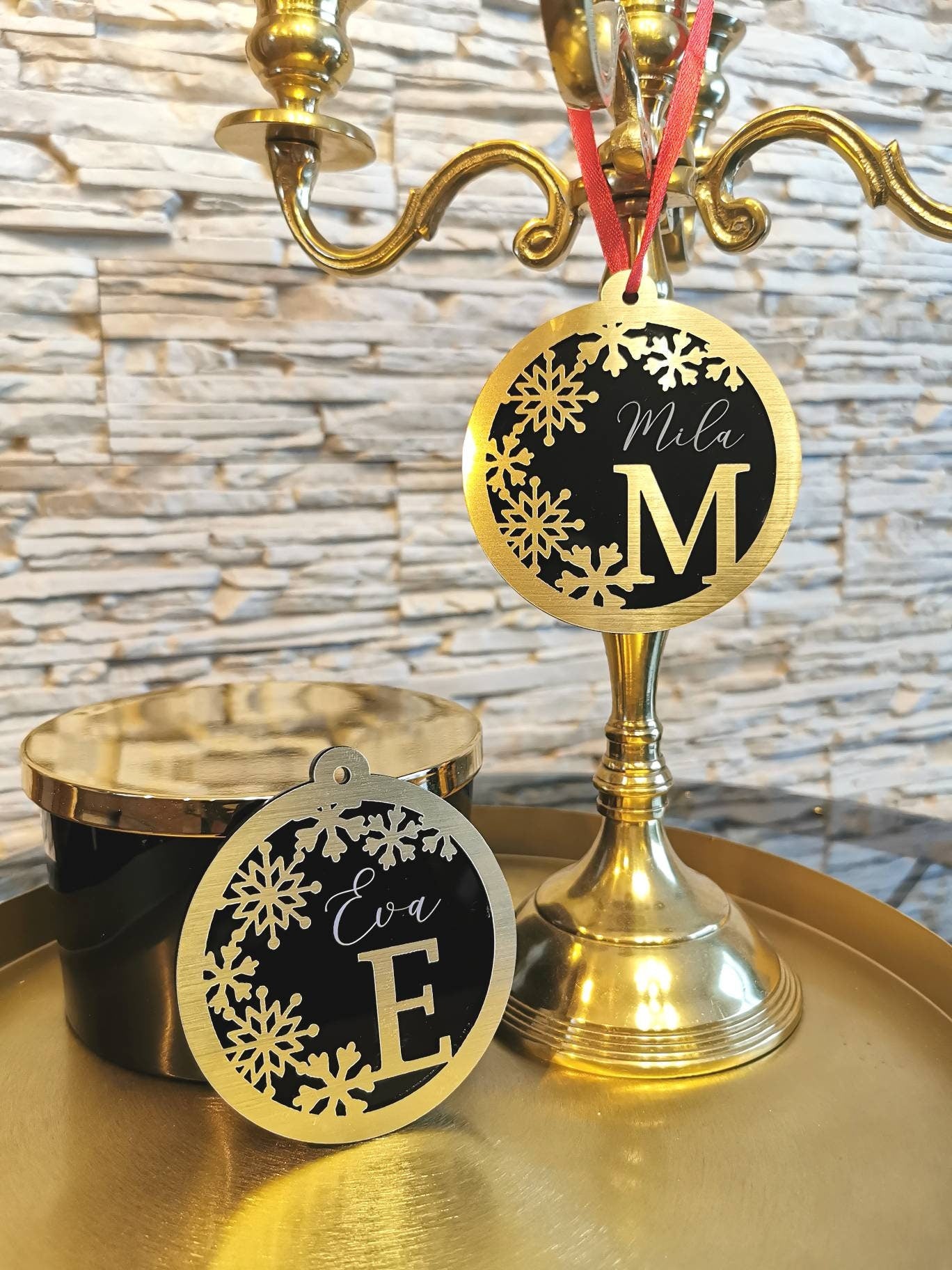 Personalized 3D Christmas Name Ornament: Laser Cut Black Gold Family Decoration for Xmas Tree or Gift Wrapping, Name Last Name Decor