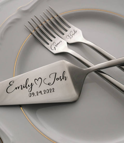 Personalized Wedding Cake Knife and Forks Set: Engraved Bridal Shower Gift