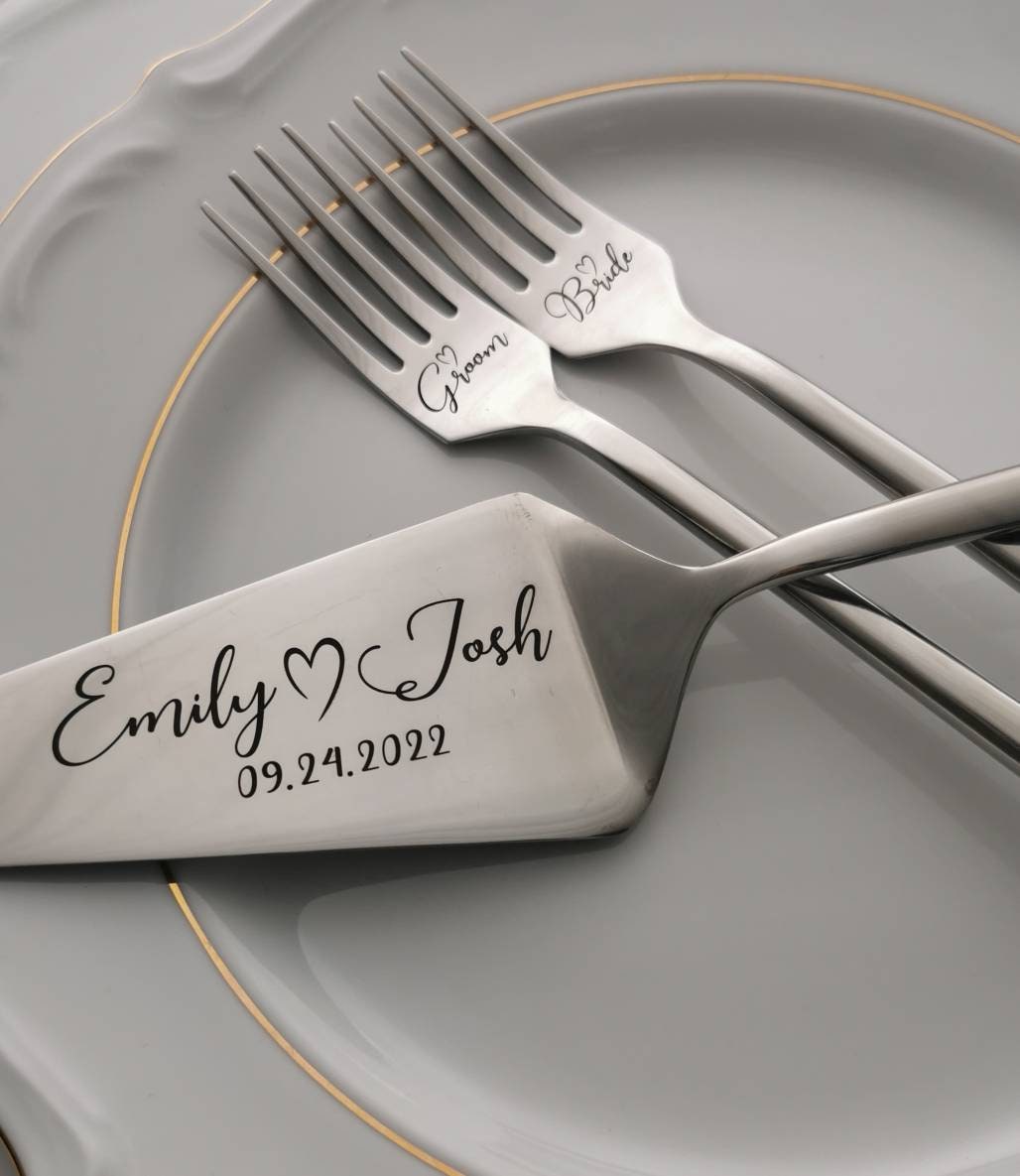 Personalized Wedding Cake Knife and Forks Set: Engraved Bridal Shower Family Anniversary Keepsake GIFT WRAPPED