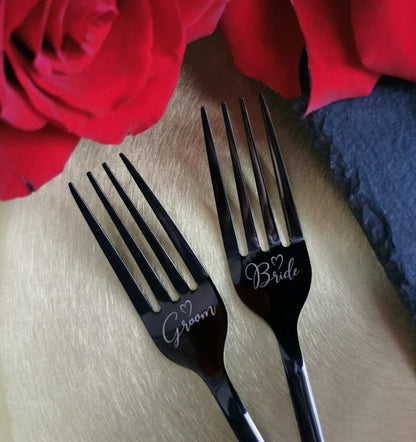 Two forks for wedding cake ceremony Engraved cutlery for couple Personalized bride groom wife husband gift Anniversary birthday keepsake