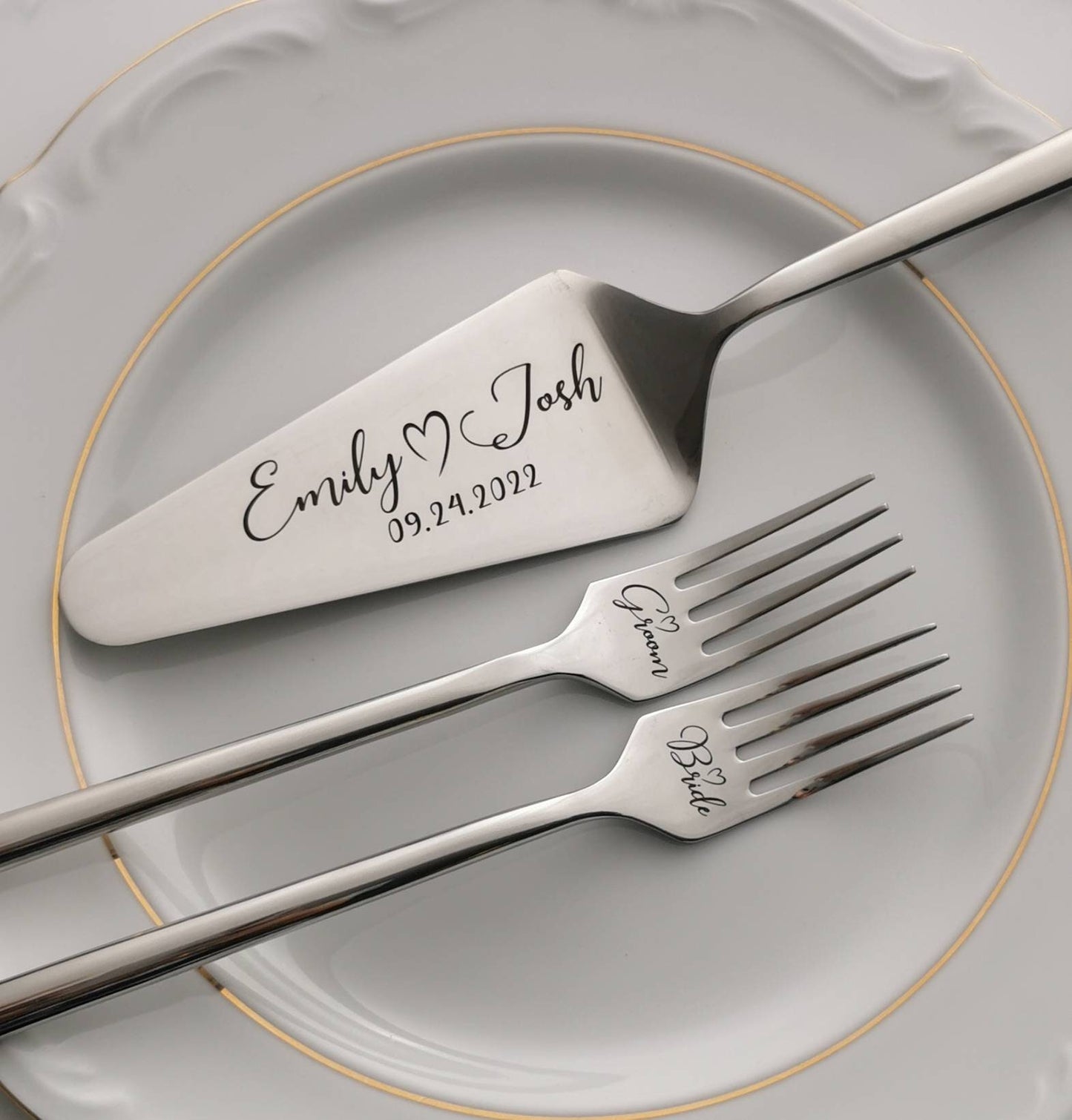Personalized Wedding Cake Knife and Forks Set: Engraved Bridal Shower Family Anniversary Keepsake GIFT WRAPPED