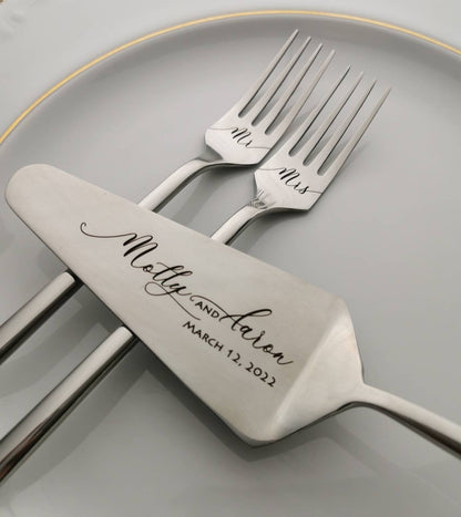 Personalized Cake Cutting Serving Tasting Kit: Engraved Stainless Steel Knife and Forks for Wedding Anniversary