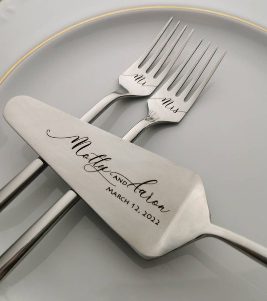 Personalized Cake Cutting Serving Tasting Kit: Engraved Stainless Steel Knife and Forks for Wedding Anniversary