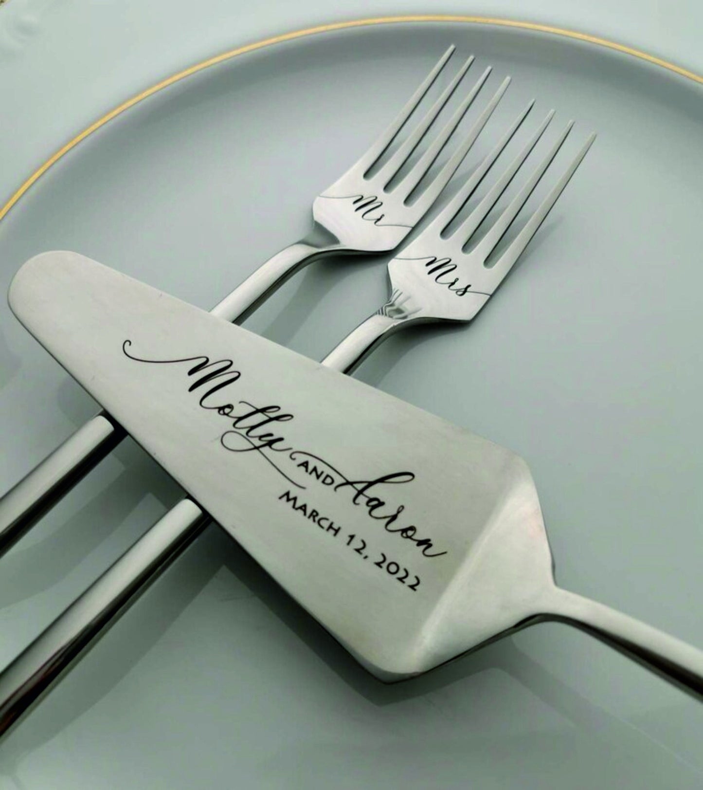 Personalized Wedding Cake Knife and Forks Set: Engraved Bridal Shower Gift
