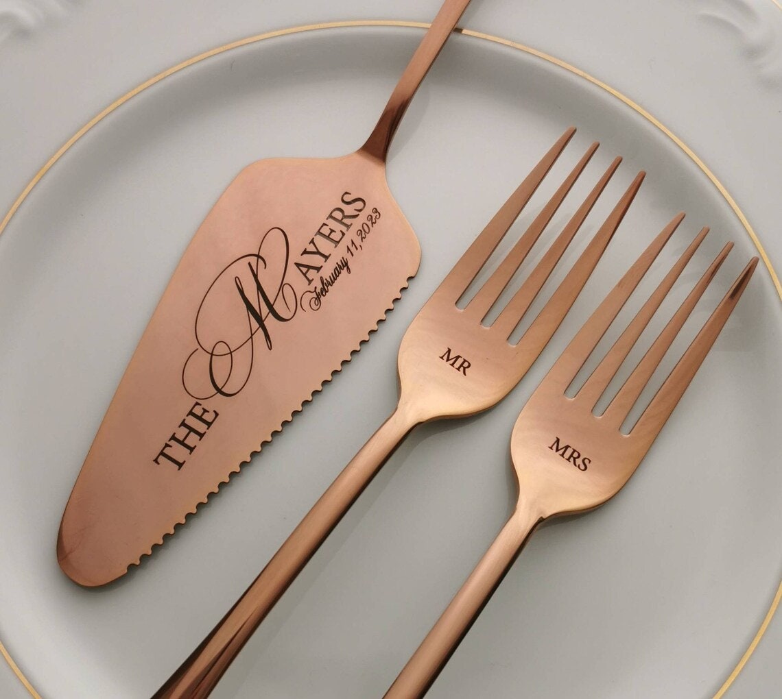 Engraved Wedding Cake Knife and Fork Set: Personalized Bridal Shower Gift