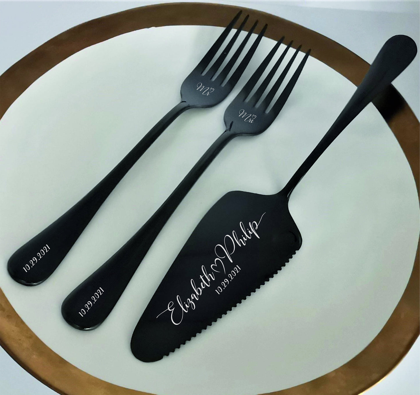 Personalized Wedding Cake Knife and Forks Set: Engraved Bridal Shower Family Anniversary Keepsake GIFT WRAPPED