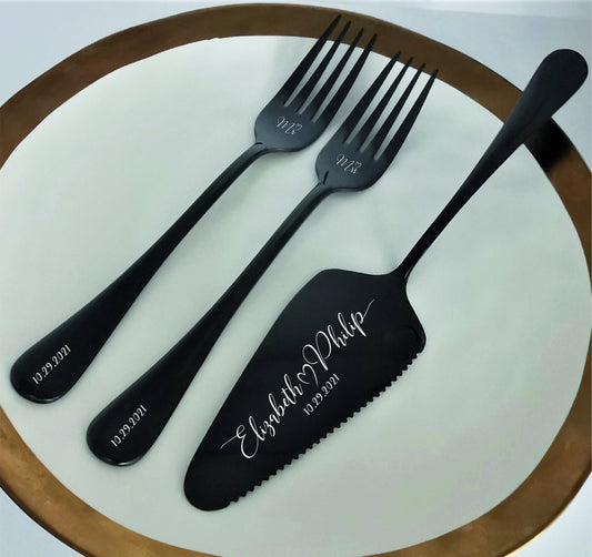 Personalized Wedding Cake Knife and Forks Set: Engraved Bridal Shower Family Anniversary Keepsake GIFT WRAPPED