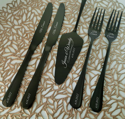 Personalized Black Wedding Cake Server Set: Engraved Stainless Steel Cutlery