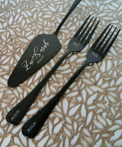 Personalized Cake Cutting Serving Tasting Kit: Engraved Stainless Steel Knife and Forks for Wedding Anniversary
