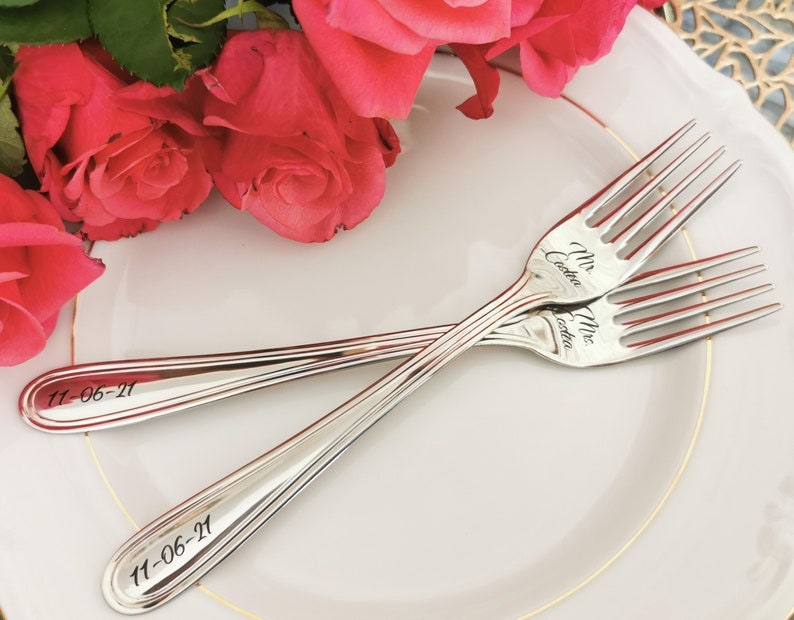 Engraved Gold Wedding Forks: Personalized Mr & Mrs Keepsake