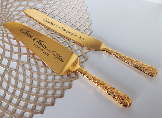 Personalized Gold Wedding Cake Slicer Set: Engraved Bridal Shower Gift