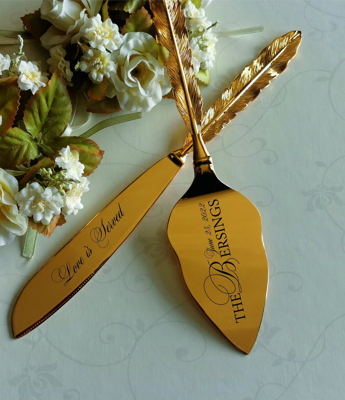 Personalized Gold Wedding Cake Knife and Server Set: Engraved Bridal Gift
