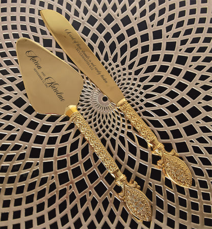 Gold Wedding Cake Cutting Set: Engraved Knife & Server, Bridal Shower Gift