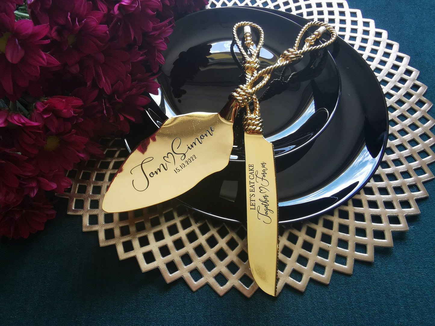 Personalized Gold Wedding Cake Knife and Server Set: Engraved Bridal Gift