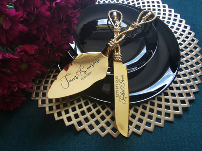 Personalized Gold Wedding Cake Knife and Server Set: Engraved Bridal Gift