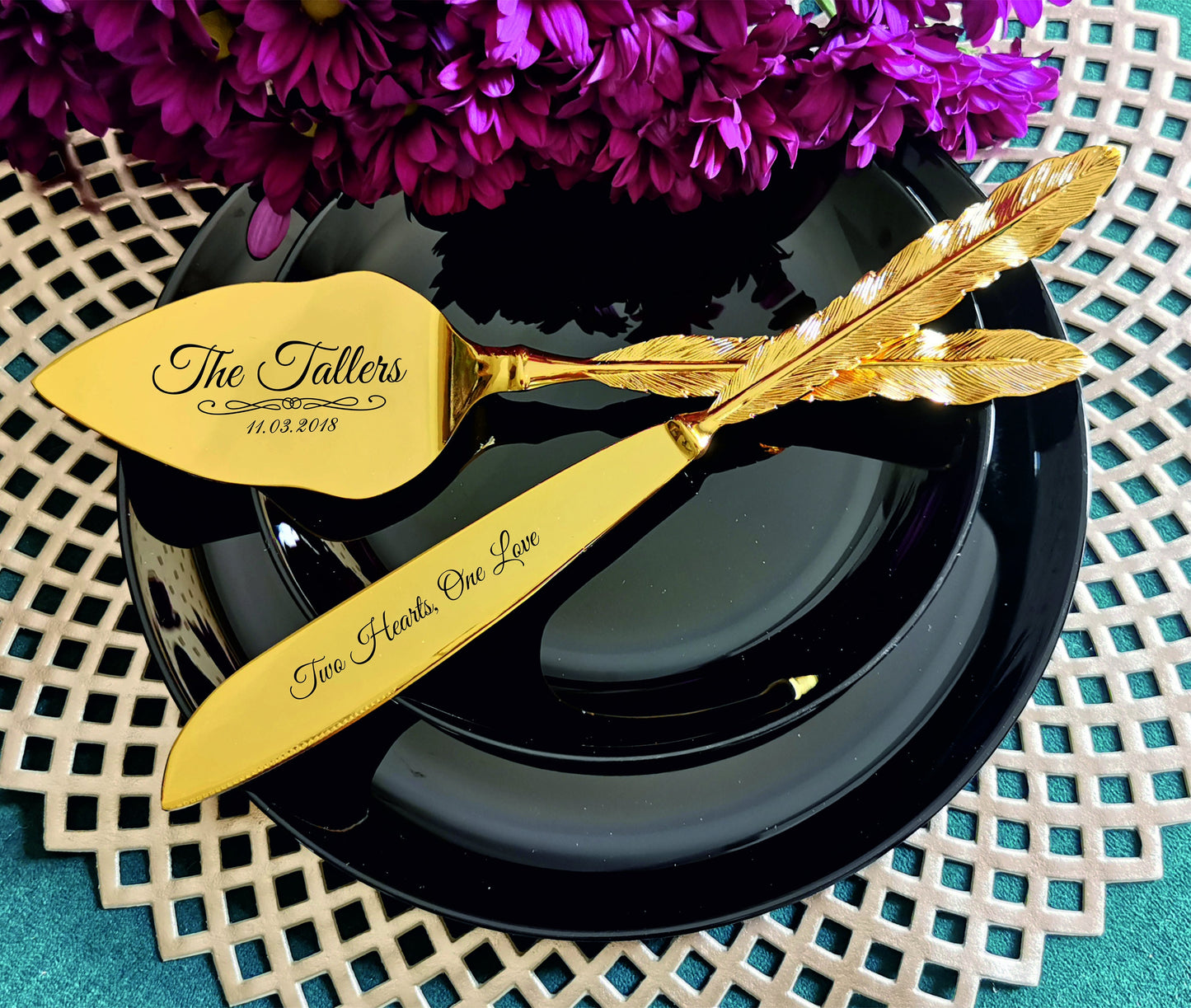 Personalized Gold Wedding Cake Knife and Server Set: Engraved Bridal Gift