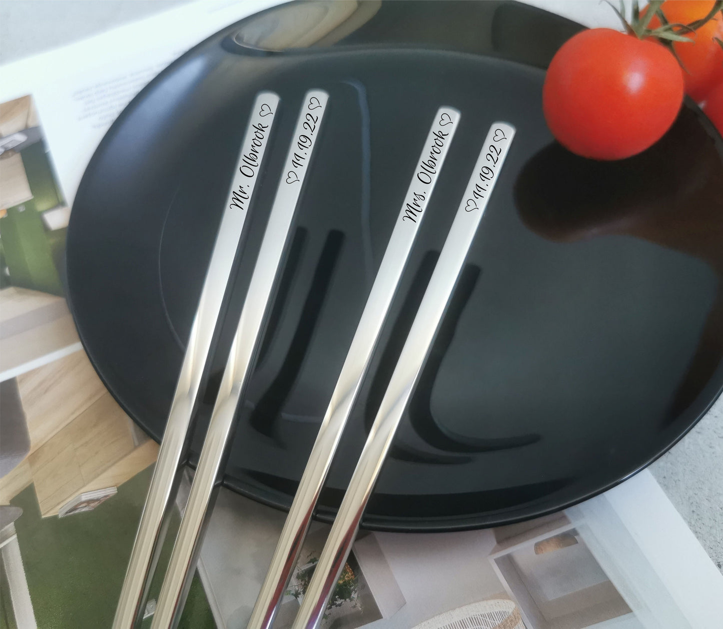 Cute Personalized Chopsticks Set for Sushi Ramen: Laser Engraved Metal Cutlery with Name and Zodiac Sign, Unique Christmas Gift for Him Her
