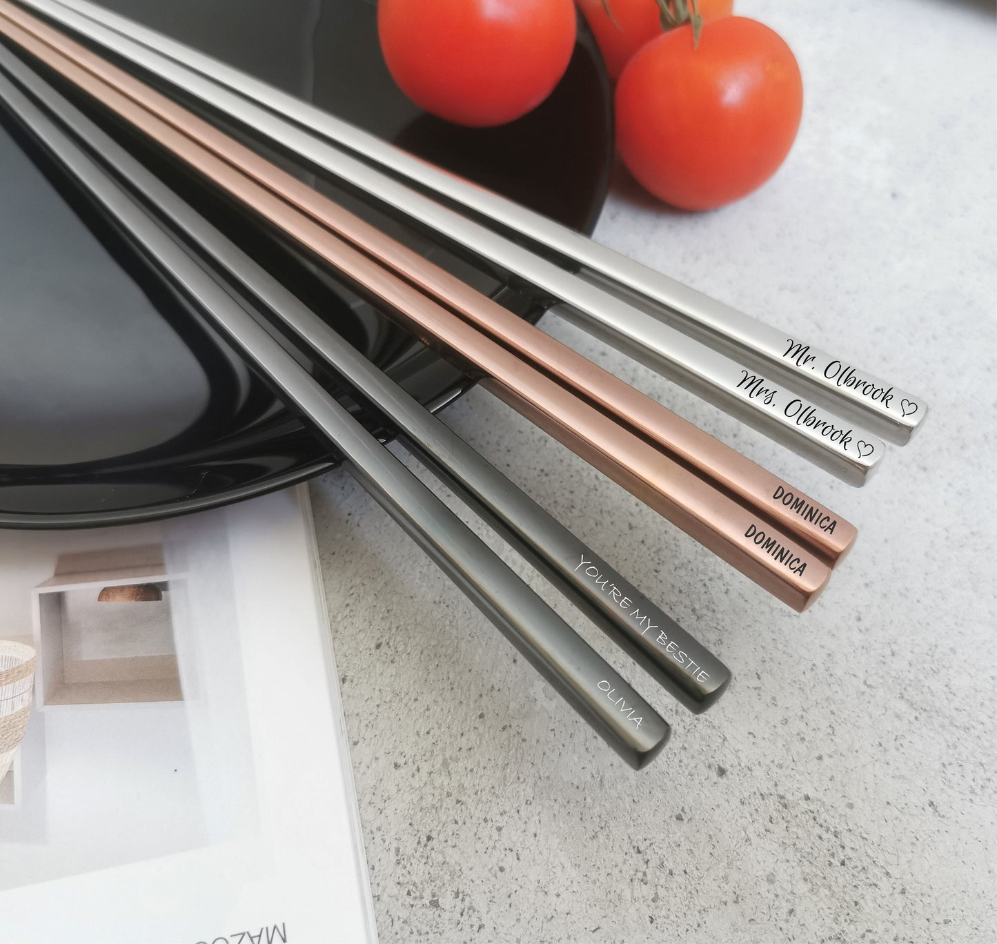 6 Paar gravierte Essstäbchen, schwarz, Edelstahl, Sushi-Liebhaber-Set