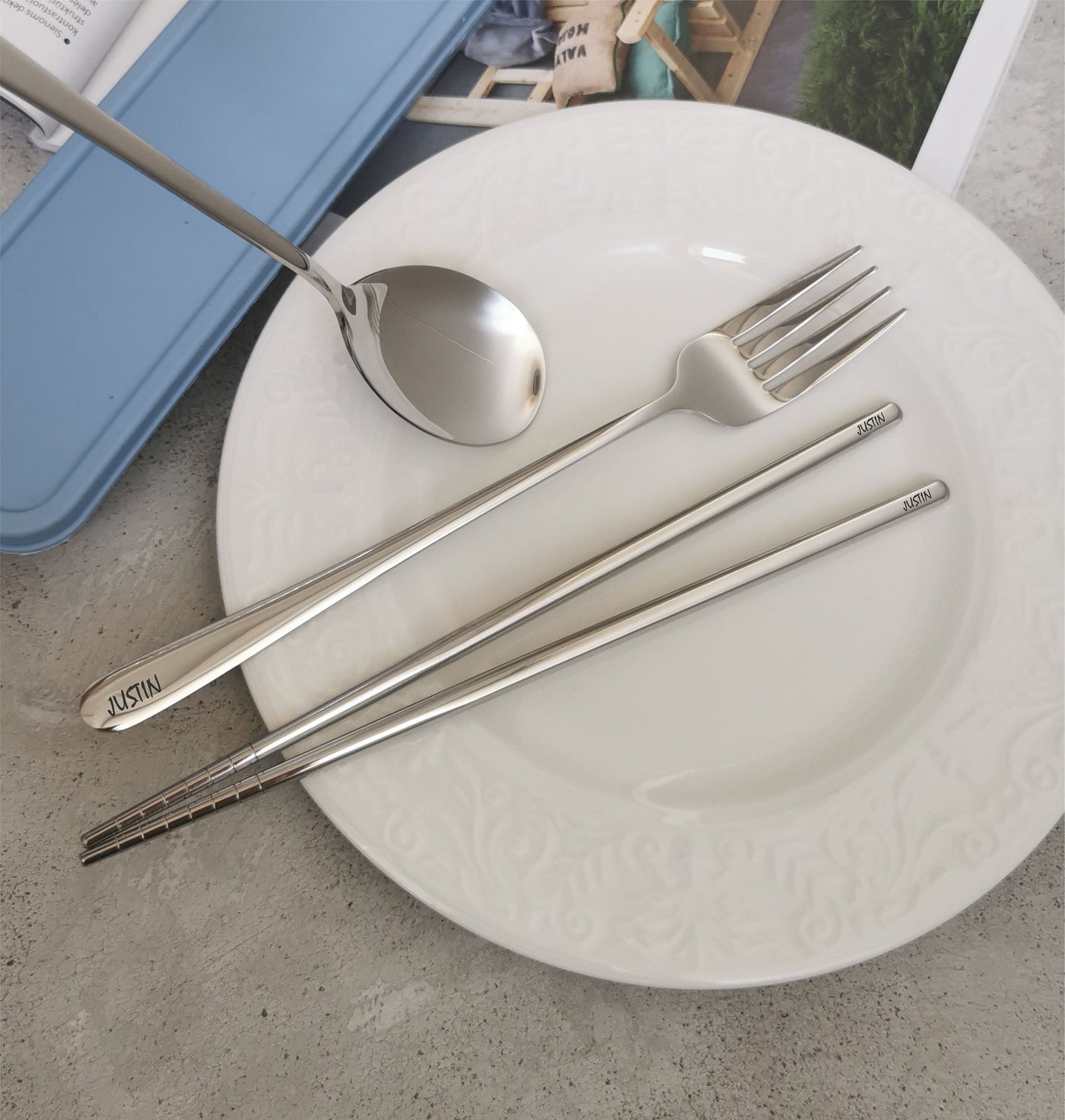 Personalized Chopsticks, Fork Spoon Set – Engraved Stainless Steel Cutlery with Case for Kids, Camping & Travel