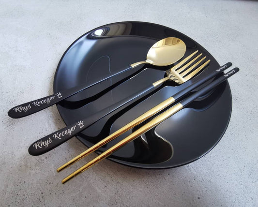 Personalized Chopsticks, Fork Spoon Set – Engraved Stainless Steel Cutlery with Case for Kids, Camping & Travel