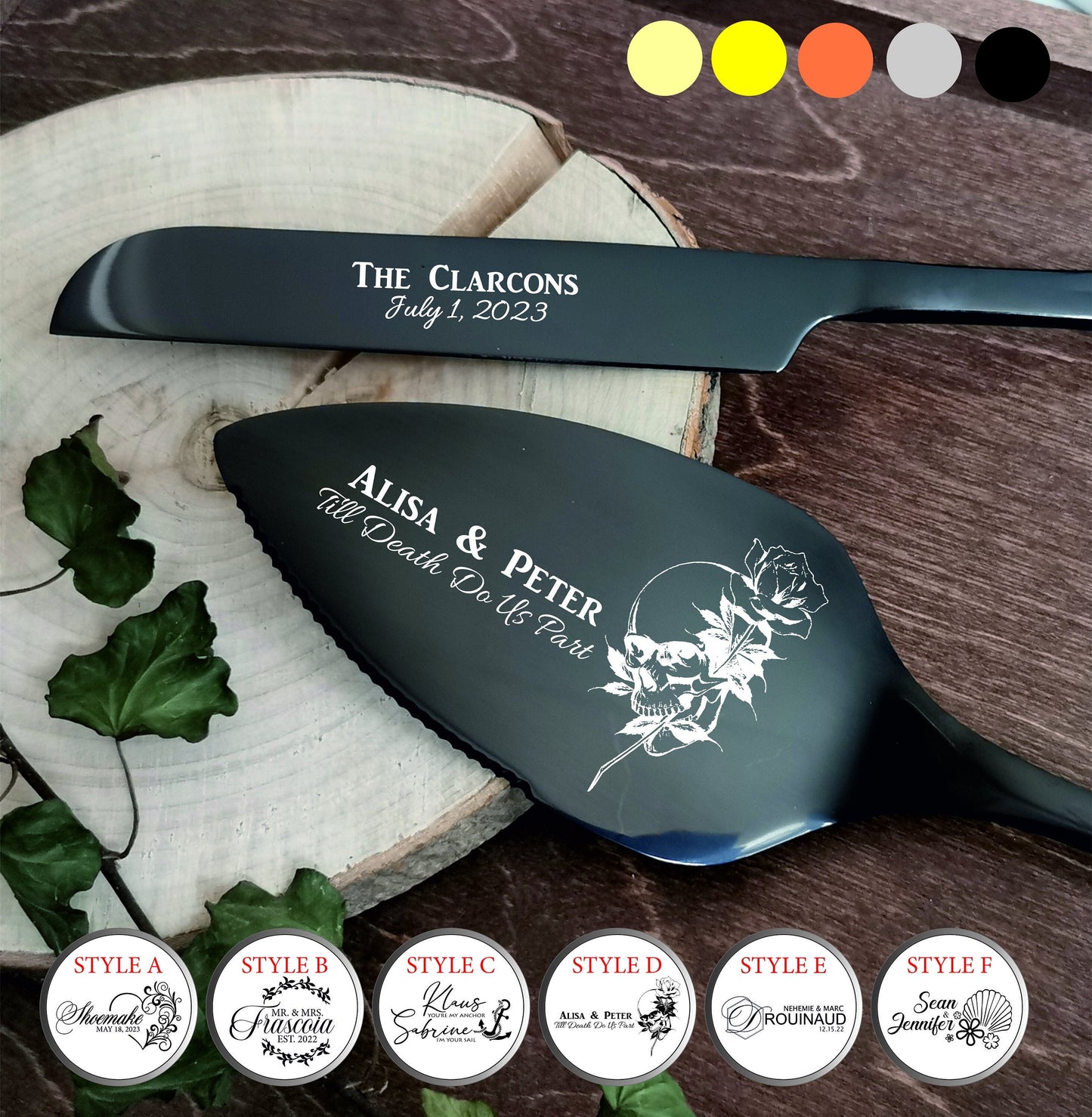 Personalized Black Wedding Cake Serving Set: Gothic Halloween Skeletons Knife